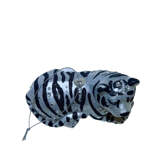 Black Gray Striped Clear Rhinestones Glass Bear Ornament Christmas 5” x 2.5” - Picture 5 of 8